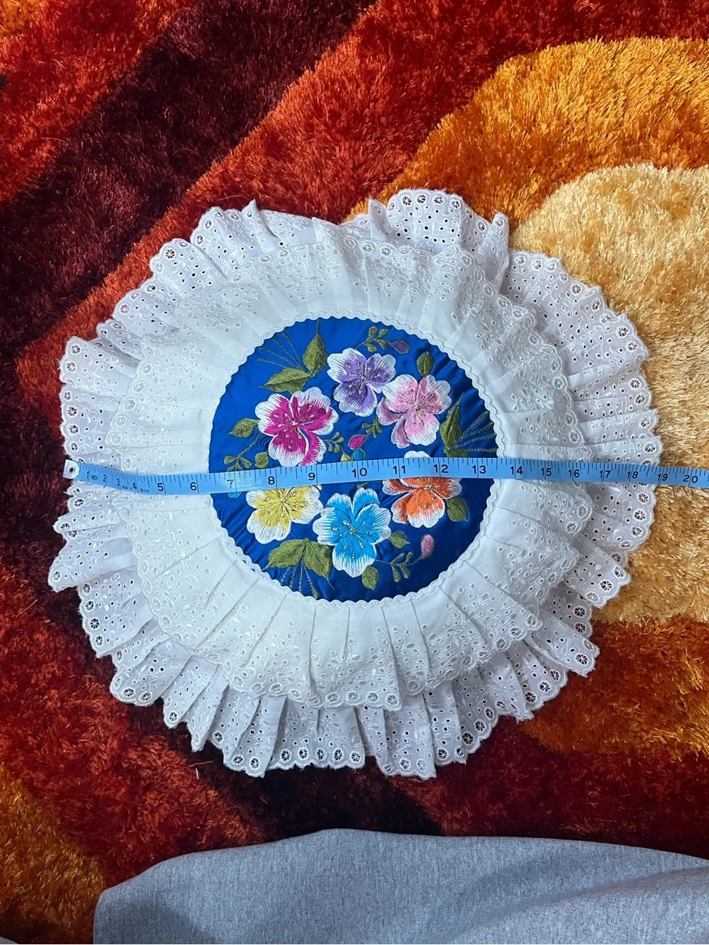 Vintage Blue Floral Embroidered Decorative Pillow with White Eyelet Ruffle